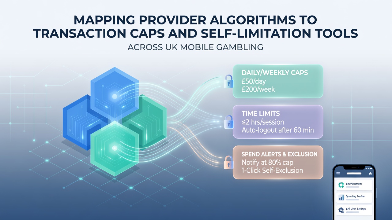 Mobile screen displaying self-limitation dashboard with transaction cap settings linked to backend algorithms